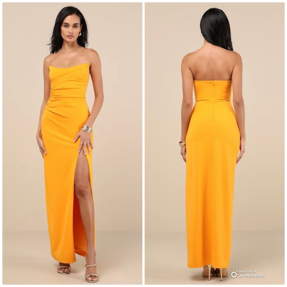 Lulus XS Malia Golden Yellow Ruched Strapless Maxi Dress Size XS NWT Formal